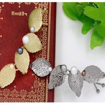 korean style charming metal leaf pearl hair clip for girls